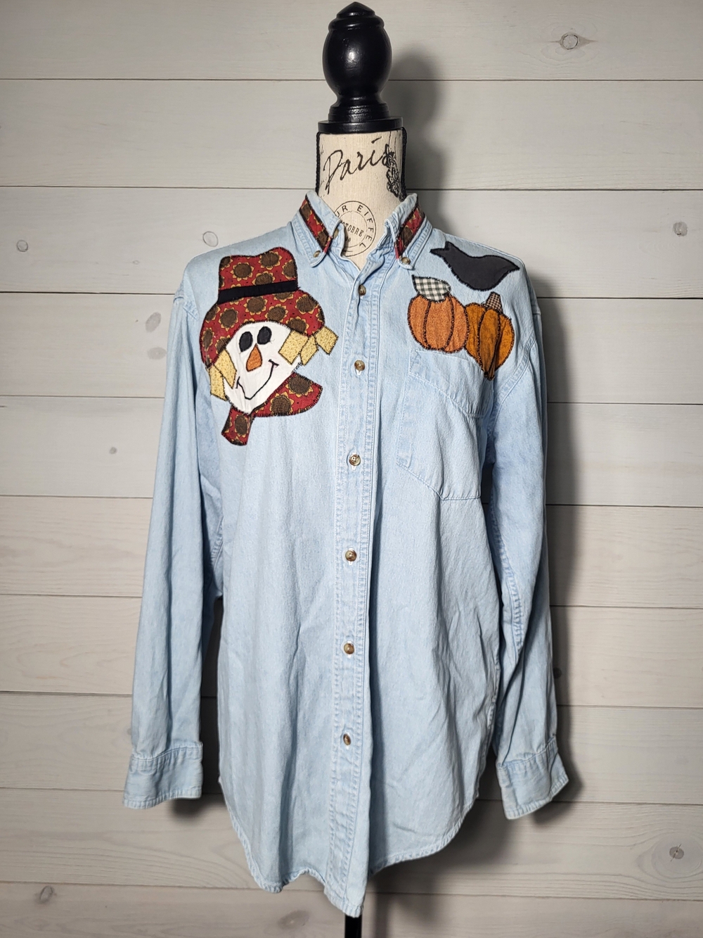 Vintage Women's Top Whimsical Fall Pumpkins Cotton Denim Button-Down Shirt.